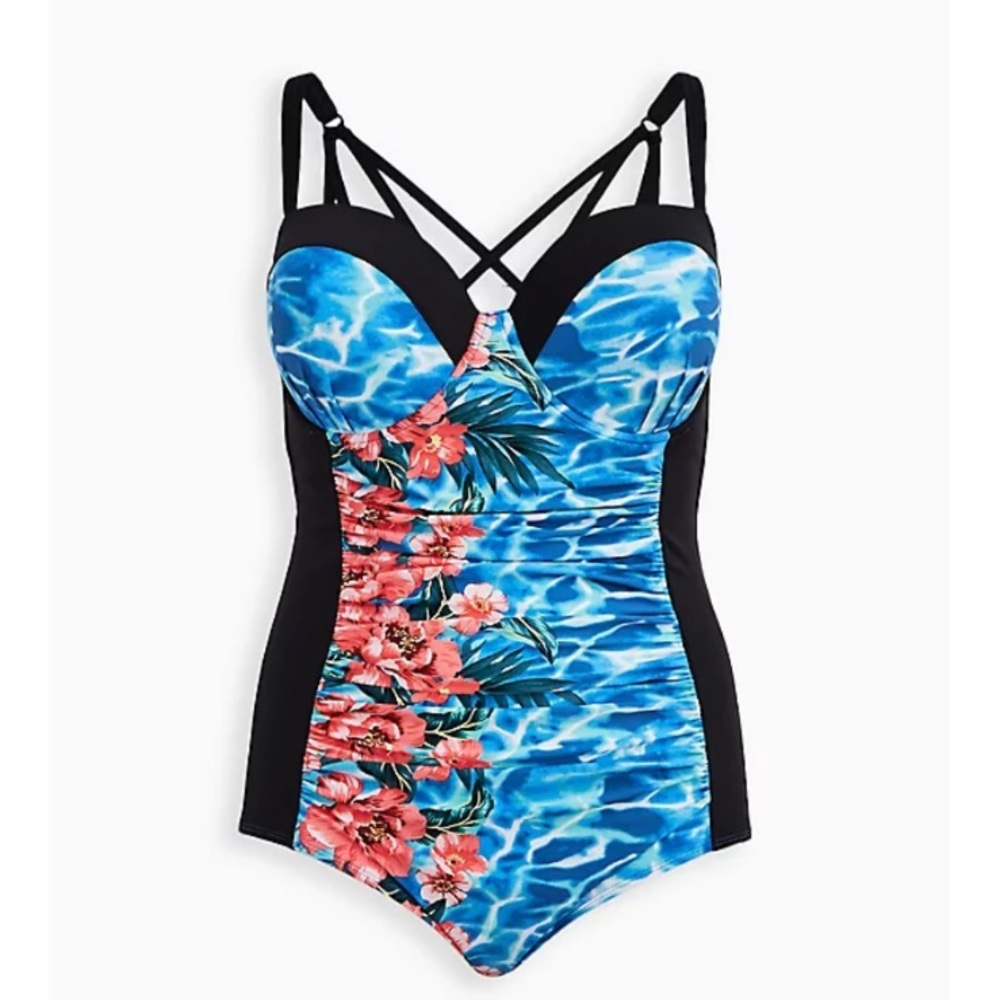 NWT TORRID lattice back tropical blue water floral swimsuit